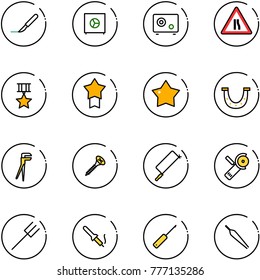 line vector icon set - scalpel vector, safe, Road narrows sign, star medal, luck, plumber, screw, metal hacksaw, Angular grinder, farm fork, soldering iron, awl, forceps