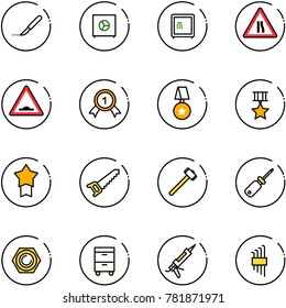 line vector icon set - scalpel vector, safe, Road narrows sign, artificial unevenness, gold medal, star, saw, sledgehammer, screwdriver, nut, tool cabinet, gun sealant, allen key set