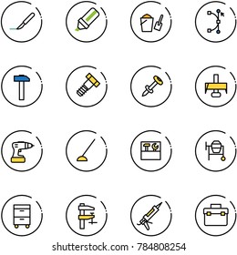 line vector icon set - scalpel vector, highlight marker, bucket scoop, bezier, hammer, bolt, nail dowel, milling cutter, drill, hoe, tool box, cocncrete mixer, cabinet, clamp, gun sealant
