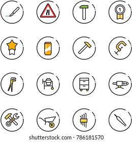 line vector icon set - scalpel vector, Road narrows sign, work, gold medal, star, drink, hammer, clamp, plumber, cocncrete mixer, tool cabinet, pipe welding, wrench, wheelbarrow, allen key set