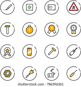 line vector icon set - scalpel vector, safe, Road narrows sign, work, gold medal, star, drink, hammer, screwdriver, nut, wood drill, welding, awl