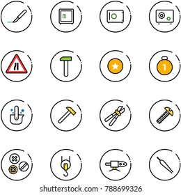 line vector icon set - scalpel vector, safe, Road narrows sign, work, star medal, gold, casting of steel, hammer, bolt cutter, screw, rivet, winch, pipe welding, forceps
