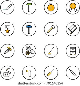 line vector icon set - scalpel vector, work, gold medal, star, hammer, sledgehammer, bucksaw, screw, rivet, hoe, tool cabinet, welding, allen key, awl, forceps