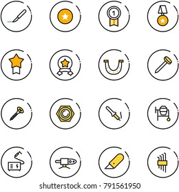 line vector icon set - scalpel vector, star medal, gold, luck, nail, screw, nut, soldering iron, cocncrete mixer, welding, pipe, work knife, allen key set