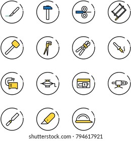 line vector icon set - scalpel vector, hammer, steel rolling, bucksaw, rubber, plumber, bolt cutter, soldering iron, machine tool, jack, generator, pipe welding, rasp, work knife