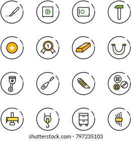 line vector icon set - scalpel vector, safe, work, star medal, gold, luck, piston, chisel, knife, rivet, milling cutter, winch, tool cabinet, allen key set