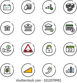 line vector icon set - schedule vector, coin, big cash, bank, account, calendar, investment, drawbridge road sign, unlocked, money bag, stairs, flying man, chart