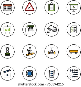 line vector icon set - schedule vector, airport road sign, clipboard, presentation board, chart, open, list, chess queen, surfing, gyroscope, skateboard, movie flap, cpu, chip, circuit