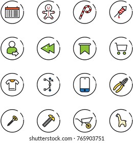 line vector icon set - schedule vector, cake man, lollipop, firework rocket, user login, fast backward, flag, cart, t shirt, bezier, mobile phone, pliers, screw, wheelbarrow, toy giraffe