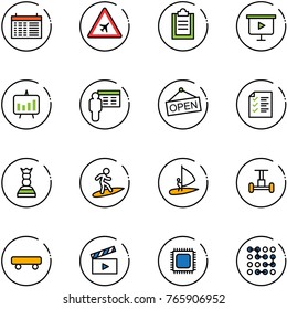 line vector icon set - schedule vector, airport road sign, clipboard, presentation board, chart, open, list, chess queen, surfing, windsurfing, gyroscope, skateboard, movie flap, cpu, circuit