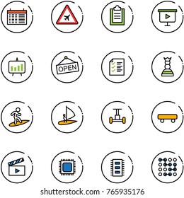 line vector icon set - schedule vector, airport road sign, clipboard, presentation board, chart, open, list, chess queen, surfing, windsurfing, gyroscope, skateboard, movie flap, cpu, chip, circuit