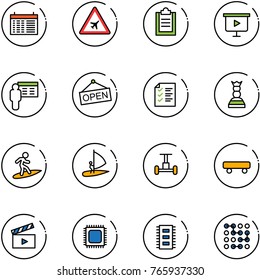 line vector icon set - schedule vector, airport road sign, clipboard, presentation board, open, list, chess queen, surfing, windsurfing, gyroscope, skateboard, movie flap, cpu, chip, circuit