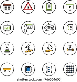 line vector icon set - schedule vector, airport road sign, clipboard, presentation board, chart, open, list, chess queen, surfing, windsurfing, gyroscope, skateboard, cpu, chip, circuit