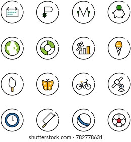 line vector icon set - schedule vector, ruble, monero, piggy bank, globe, circle chart, career, ice cream, butterfly, bike, satellite, clock, metal hacksaw, ball, soccer