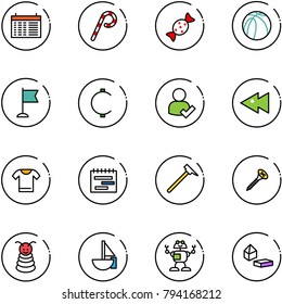 line vector icon set - schedule vector, lollipop, candy, basketball ball, flag, cent, user check, fast backward, t shirt, terms plan, mason hammer, screw, pyramid toy, sailboat, robot
