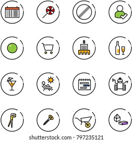 line vector icon set - schedule vector, lollipop, no limit road sign, user check, record, cart, bank building, wine, drink, beach, terms plan, robot, plumber, screw, wheelbarrow, constructor blocks