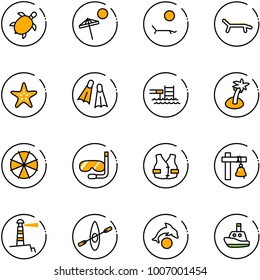 line vector icon set - sea turtle, beach vector, lounger, starfish, flippers, pool, palm, parasol, diving, life vest, ship bell, lighthouse, kayak, dolphin, toy boat