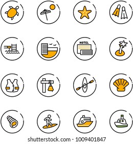 line vector icon set - sea turtle, beach vector, starfish, flippers, pool, hotel, palm, life vest, ship bell, kayak, shell, surfing, cruiser, toy boat