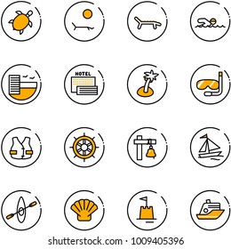 line vector icon set - sea turtle, lounger vector, swimming, hotel, palm, diving, life vest, hand wheel, ship bell, sail boat, kayak, shell, sand castle, cruiser
