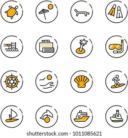 line vector icon set - sea turtle, beach vector, lounger, flippers, pool, hotel, palm, diving, hand wheel, waves, shell, surfing, windsurfing, dolphin, cruiser, toy boat
