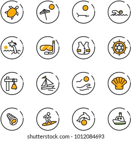 line vector icon set - sea turtle, beach vector, lounger, swimming, palm, diving, life vest, hand wheel, ship bell, sail boat, waves, shell, surfing, dolphin, toy