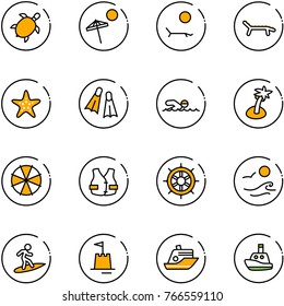 line vector icon set - sea turtle, beach vector, lounger, starfish, flippers, swimming, palm, parasol, life vest, hand wheel, waves, surfing, sand castle, cruiser, toy boat