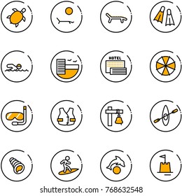 line vector icon set - sea turtle, lounger vector, flippers, swimming, hotel, parasol, diving, life vest, ship bell, kayak, shell, surfing, dolphin, sand castle
