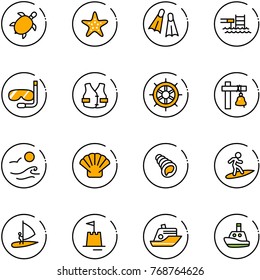 line vector icon set - sea turtle, starfish vector, flippers, pool, diving, life vest, hand wheel, ship bell, waves, shell, surfing, windsurfing, sand castle, cruiser, toy boat