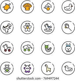 line vector icon set - sea turtle, shell vector, dolphin, duck toy, dinosaur, bear, rocking horse, stick, wheel, elephant, caterpillar, rabbit, monster, giraffe