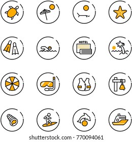 line vector icon set - sea turtle, beach vector, lounger, starfish, flippers, swimming, hotel, palm, parasol, diving, life vest, ship bell, shell, surfing, dolphin, cruiser