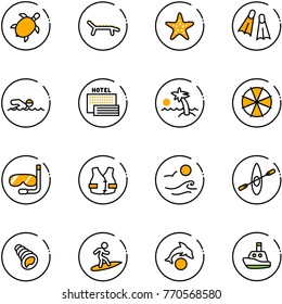 line vector icon set - sea turtle, lounger vector, starfish, flippers, swimming, hotel, palm, parasol, diving, life vest, waves, kayak, shell, surfing, dolphin, toy boat