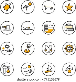 line vector icon set - sea turtle, beach vector, lounger, starfish, pool, swimming, hotel, palm, life vest, hand wheel, ship bell, waves, windsurfing, dolphin
