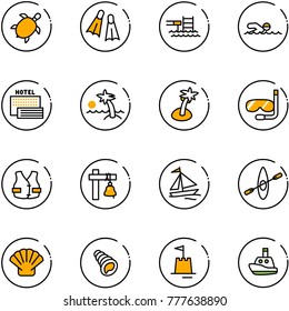 line vector icon set - sea turtle, flippers vector, pool, swimming, hotel, palm, diving, life vest, ship bell, sail boat, kayak, shell, sand castle, toy