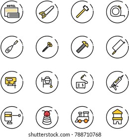 line vector icon set - sea hotel vector, saw, sledgehammer, measuring tape, chisel, screw, metal hacksaw, jig, cocncrete mixer, welding, gun sealant, laser lever, pyramid toy, train, block house