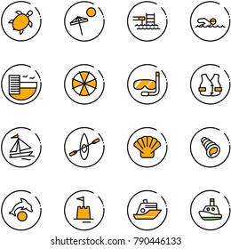 line vector icon set - sea turtle, beach vector, pool, swimming, hotel, parasol, diving, life vest, sail boat, kayak, shell, dolphin, sand castle, cruiser, toy