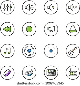 line vector icon set - settings vector, volume max, low, off, fast backward, record, loudspeaker, bell, music, cd, button, guitar, tambourine, horn toy, piano, radio
