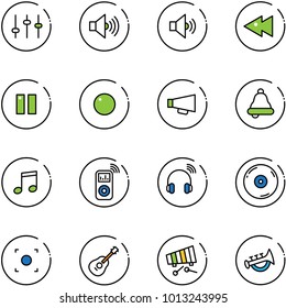 line vector icon set - settings vector, volume max, medium, fast backward, pause, record, loudspeaker, bell, music, player, wireless headphones, cd, button, guitar, xylophone, horn toy