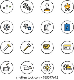 line vector icon set - settings vector, gears, pawn, fire, gear, remote control, battery, hammer, sledgehammer, jig saw, generator, welding, oiler, excavator toy