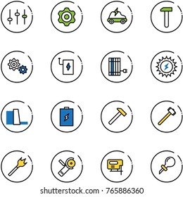 line vector icon set - settings vector, gear, electric car, work, power bank, sun panel, water plant, battery, hammer, sledgehammer, wood drill, Angular grinder, jig saw, oiler