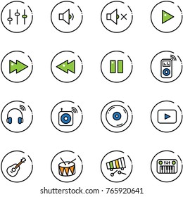 line vector icon set - settings vector, low volume, off, play, fast forward, backward, pause, music player, wireless headphones, speaker, cd, playback, guitar, drum, xylophone, toy piano