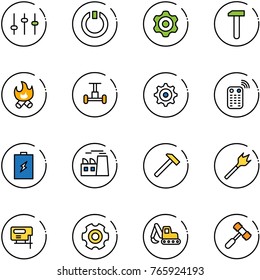 line vector icon set - settings vector, standby, gear, work, fire, gyroscope, remote control, battery, plant, hammer, wood drill, jig saw, excavator toy