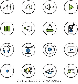 line vector icon set - settings vector, volume medium, off, play, pause, loudspeaker, bell, music player, wireless headphones, speaker, cd, playback, record button, xylophone, horn toy, radio
