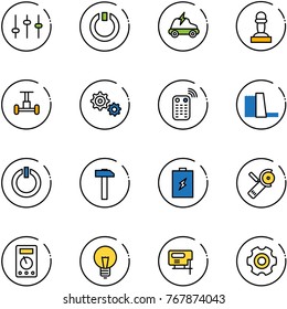 line vector icon set - settings vector, standby, electric car, pawn, gyroscope, gear, remote control, water power plant, button, hammer, battery, Angular grinder, multimeter, bulb, jig saw
