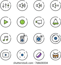 line vector icon set - settings vector, volume max, medium, off, play, record, loudspeaker, bell, music, player, wireless speaker, cd, playback, button, tambourine, drum