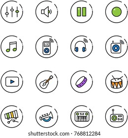 line vector icon set - settings vector, low volume, pause, record, music, player, wireless headphones, speaker, playback, guitar, tambourine, drum, xylophone, horn toy, piano, radio