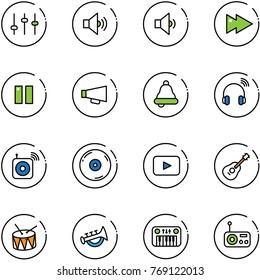 line vector icon set - settings vector, volume medium, low, fast forward, pause, loudspeaker, bell, wireless headphones, speaker, cd, playback, guitar, drum, horn toy, piano, radio