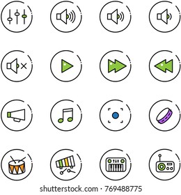 line vector icon set - settings vector, volume max, medium, low, off, play, fast forward, backward, loudspeaker, music, record button, tambourine, drum, xylophone, toy piano, radio