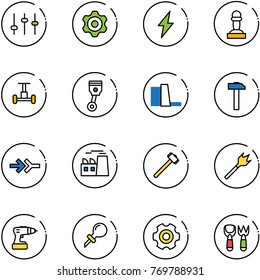 line vector icon set - settings vector, gear, lightning, pawn, gyroscope, piston, water power plant, hammer, connect, sledgehammer, wood drill, oiler, shovel fork toy