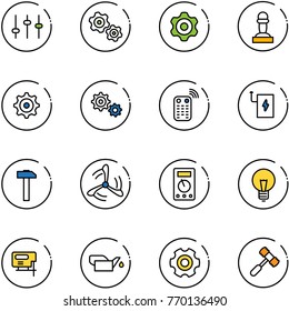 line vector icon set - settings vector, gears, gear, pawn, remote control, power bank, hammer, wind mill, multimeter, bulb, jig saw, oiler, toy