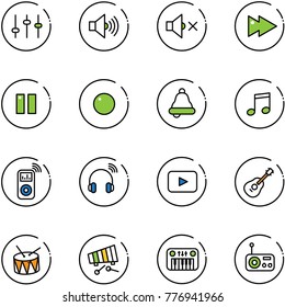 line vector icon set - settings vector, volume max, off, fast forward, pause, record, bell, music, player, wireless headphones, playback, guitar, drum, xylophone, toy piano, radio